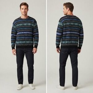 Trend Basics Mens Vintage Fair Isle Geometric Knit Crewneck Sweater Blue Size LT